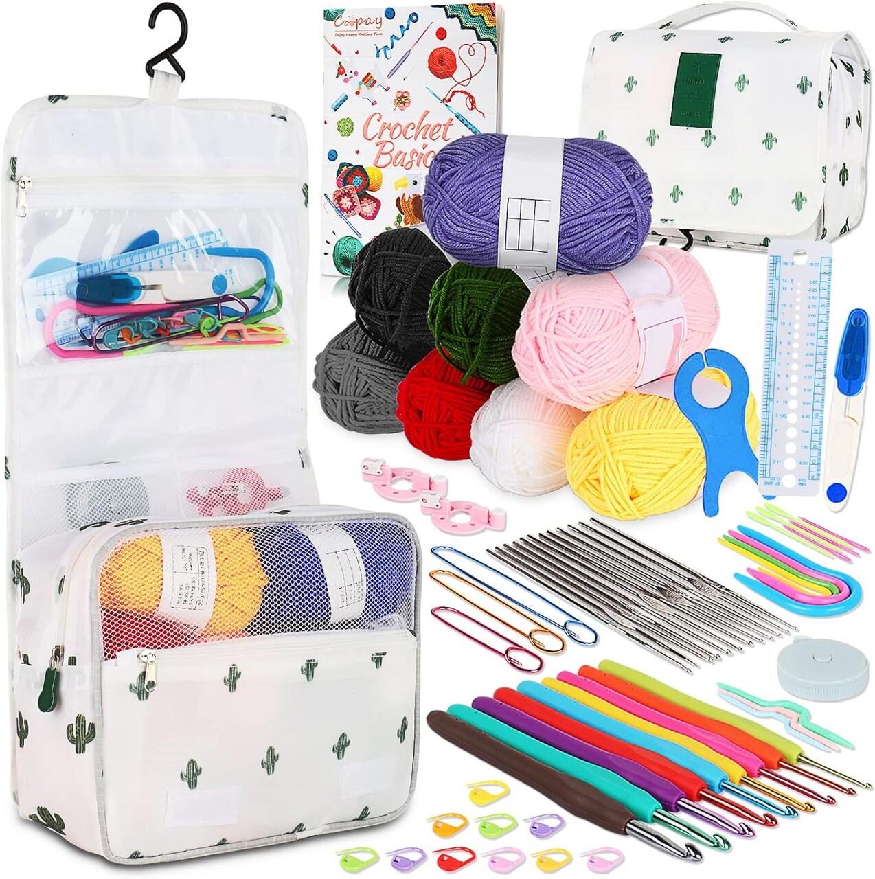 Upgraded Hanging Crochet Kit - Beginner's Set with Case & 8 Yarns, 63PCS Crochet Hook Set
